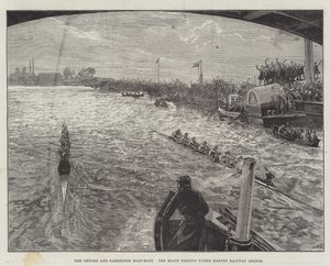 Oxford och Cambridge Boat-Race, båtarna som passerar under Barnes Railway Bridge av William Heysham Overend