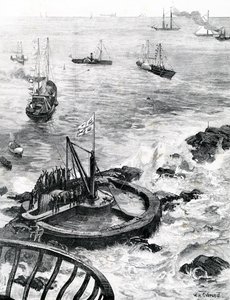 Prinsen av Wales och hertigen av Edinburgh lägger grundstenen till den nya Eddystone-fyren, illustration från "The Illustrated London News", 1879