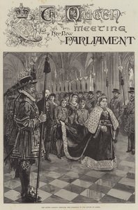 Drottningen möter sitt nya parlament, passerar genom korridoren till House of Lords av William Heysham Overend
