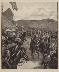 Drottningens jubileumsfest i Aldershott, lördagen den 9 juli, Brecknock and Berks Mounted Infantry marscherar förbi. av William Heysham Overend