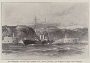 Drottningens återkomst från Rivieran, Royal Yacht Victoria och Albert, med Hennes Majestät ombord, lämnar Cherbourg