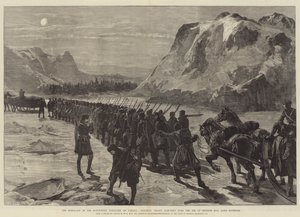 Upproret i Kanadas nordvästra territorium, koloniala trupper marscherar över isen i Nepigon Bay, Lake Superior av William Heysham Overend