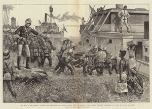 Kriget i Soudan, som börjar för Khartoum, Sir Charles Wilson, med en eskort från Sussex regemente, på väg ombord på Gubat, för att gå uppför Nilen av William Heysham Overend
