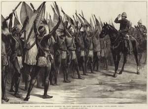 Zulukriget, general Lord Chelmsford granskar den infödda kontingenten på Tugelas bankar, infödda ropar H-H-O-Ooo! av William Heysham Overend