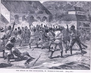 Attacken mot cout house, St Thomas i öst, Jamaica av William Heysham Overend