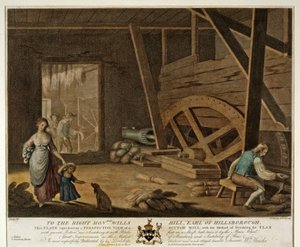 Interiörvy av en Scutch Mill, skylt V i The Linen Manufactory of Ireland, 1791,