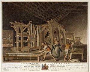 Perspektivvy av allt maskineri i en blekfabrik, skylt IX av The Linen Manufactory of Ireland, 1791