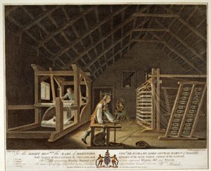 Lindning, varpning med ett nytt förbättrat varpverk och vävning, plåt VII från The Linen Manufactory of Ireland, 1791