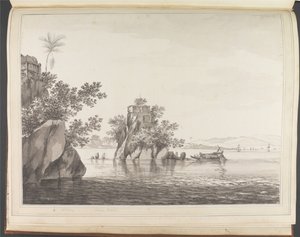Vy över en isolerad klippa i floden Ganges vid Jangerah [Jahangira] av William Hodges