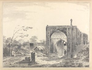 Vy över porten till karavanserajet i Raje Mahel [Rajmahal] av William Hodges