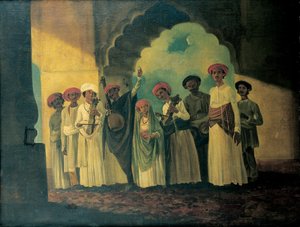 Grupp indiska musiker som spelar en sarangi, en tambura och tablas, med en tjej som dansar på en terrass