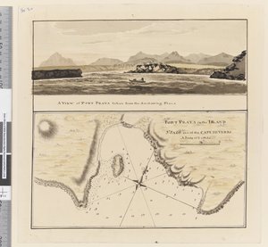 Sida 3a Karta över Port Praya på ön St Jago, Kap Verdeöarna. Med titeln "Port Praya på ön St Jago en av Kap Verds sic A scale of 2 to 1/2 a mile" / En utsikt över Port Praya taget från ankringsplatsen." av William Hodges