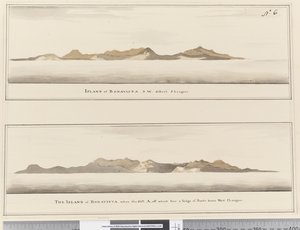 Page 6 Ön Bonavista: 2 profiler. Med titeln: "Ön Bonavista S.W. avlägsna 5 ligor" och "Ön Bonavista när kullen A, utanför vilken ligger en avsats av klippor bär västra 2 ligor" av William Hodges