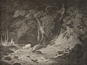 The Forest of Arden, Act II, Scene I, från "As You Like It", från The Boydell Shakespeare Gallery, publicerad i slutet av 1800-talet av William Hodges