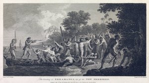 Landstigningen vid Erramanga (eller Eromanga), en av öarna i Vanuatu (tidigare Nya Hebriderna, ögrupp i Stilla havet), visar besättningen på en kanot som slåss med krigare från ön av William Hodges