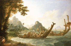 Krigsfartyg från ön Otaheite (Tahiti) och Samfundsöarna, med utsikt över en del av hamnen i Ohaneneno, på ön Ulieta, en av Samfundsöarna av William Hodges