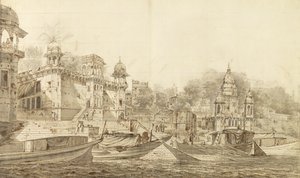 View of Part of the City of Benares, c.1781 (grå tvätt med pensel och bläck över blyerts på papper på tvättfäste) av William Hodges