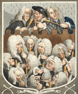 En konsultation av läkare, eller The Company of Undertakers, illustration från "Hogarth Restored: The Whole Works of the hyllade William Hogarth, ingraverad av Thomas Cook", pub. 1812 (handfärgad av William Hogarth