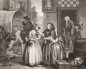 En sköka?S Framsteg / En horas väg, blad 1: Ankomst till London. 1732 av William Hogarth