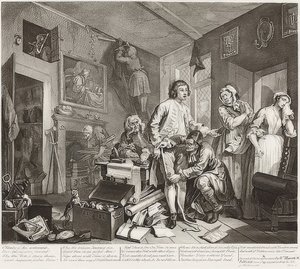 A Rake?S Progress, Plate 1: The Rake som tar sin egendom i besittning / Der Weg eines Liederlichen, Blatt 1: Die Erbschaft. 1735 av William Hogarth