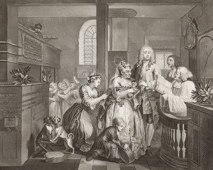 A Rake? S Progress, Plate 5: The Rake Marrying an Old Woman / The Path of a Dissolute, Blad 5: Tom Rakewell gifter sig med en rik gammal kvinna). 1735 av William Hogarth