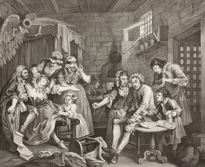 A Rake? S Progress, Plate 7: The Rake in Prison / The Path of a Verbosome, Blad 7: Tom Rakewell i fängelset. 1735 av William Hogarth