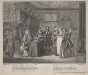 En kvinna som svär ett barn till en grav medborgare, ca 1730-35 (etsning) av William Hogarth