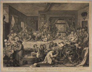 En valfest, plansch 1 ur serien Fyra tryck om ett val av William Hogarth