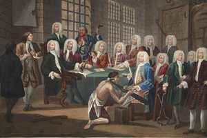 Bambridge står inför rätta för mord av en kommitté i underhuset, illustration från "Hogarth Restored: The Whole Works of the berömde William Hogarth, omgraverad av Thomas Cook", pub. 1812 (handfärgad gravyr) av William Hogarth