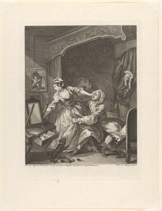 "Innan" Man drar en motvillig kvinna mot sig i ett sovrum före (titel på objekt) Före och efter (serietitel) Före och efter (serietitel) av William Hogarth