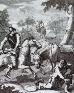Don Quijote griper frisörens bason för Mambrinos hjälm