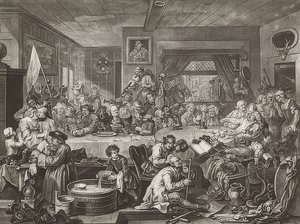 Fyra utskrifter av ett val / De allmänna valen. Blad 1: En valunderhållning. 1755 av William Hogarth