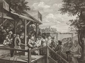 Fyra utskrifter av ett val / De allmänna valen. Blad 3: Röstningen / Röstning. 1758 av William Hogarth