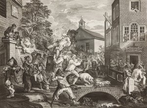 Fyra utskrifter av ett val / De allmänna valen. Blad 4: Ordförande för ledamöterna / MPs triumftåg. 1758 av William Hogarth
