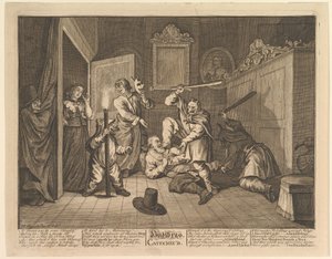 Hudibras katekiserade tolv stora illustrationer för Samuel Butlers Hudibras, tavla 9, 1725-68. av William Hogarth