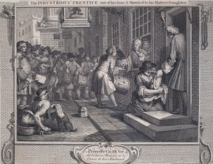 Industri och sysslolöshet: Den industriella lärlingen gift (linjegravering på papper) av William Hogarth