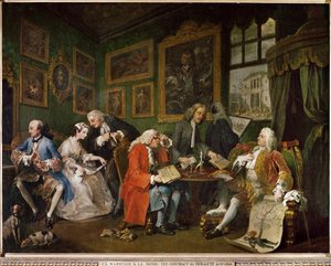 Mariage a la mode, en serie med sex satyriska målningar (målning på duk) av William Hogarth