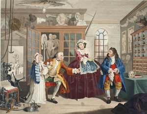 Äktenskap a la Mode, tavla III, Inspektionen, illustration från "Hogarth Restored: The Whole Works of the hyllade William Hogarth, re-graved by Thomas Cook", pub. 1812 (handfärgad gravyr) av William Hogarth