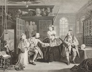 Äktenskap à la Mode / äktenskap enligt mode. Blad 3: Inspektionen / Greven och kvacken. 1745 av William Hogarth