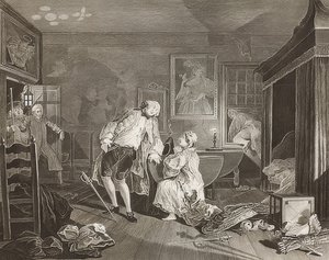 Äktenskap à la Mode / äktenskap enligt mode. Blad 5: Bagnio / Greven faller i en duell. 1745 av William Hogarth