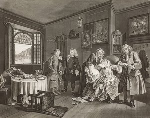 Äktenskap à la Mode / äktenskap enligt mode. Blad 6: The Lady? S Death / Grevinnans självmord. 1745 av William Hogarth