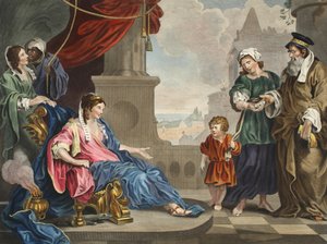 Moses förde till Faraos dotter, illustration från "Hogarth Restored: The Whole Works of the hyllade William Hogarth, omgraverad av Thomas Cook", pub. 1812 (handfärgad gravyr) av William Hogarth