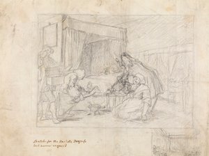 Operationsscen på ett sjukhus med underordnade skisser i marginalen nere till höger av William Hogarth