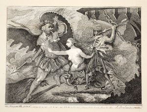 Satan, synd och död, pub. 1792 av William Hogarth