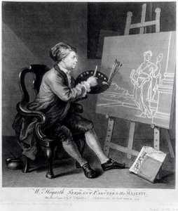 Självporträtt som målar den komiska musan, graverad av konstnären, pub. 1758 av William Hogarth