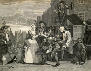 Gatuscener i London, av William Hogarth (1697-1764), gravyr, England av William Hogarth