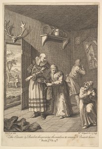 Kuraten och frisören döljer sig för att förmedla Don Quijote Home Six I..., 1756 eller senare. av William Hogarth