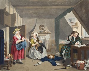 Den nödställda poeten, illustration från "Hogarth Restored: The Whole Works of the celebrated William Hogarth, re-engraved by Thomas Cook", pub. 1812 (handkolorerad gravyr) av William Hogarth