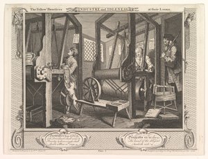 The Fellow Prentices at their Looms Industry and Idleness, skylt 1, 30 september 1747. av William Hogarth
