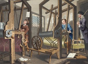 Kollegan "Prentices at their Looms, skylt I av "Industry and Idleness", illustration från "Hogarth Restored: The Whole Works of the berömde William Hogarth, re-graved by Thomas Cook", pub. 1812 av William Hogarth